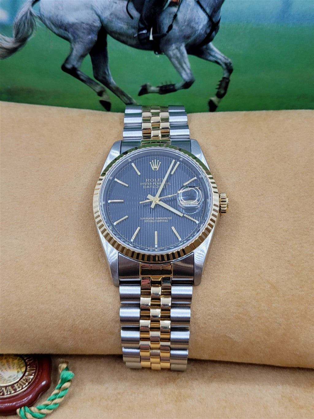 Stainless & 18K Yellow Gold Black Tapestry Dial Datejust Perviously Owned Rolex