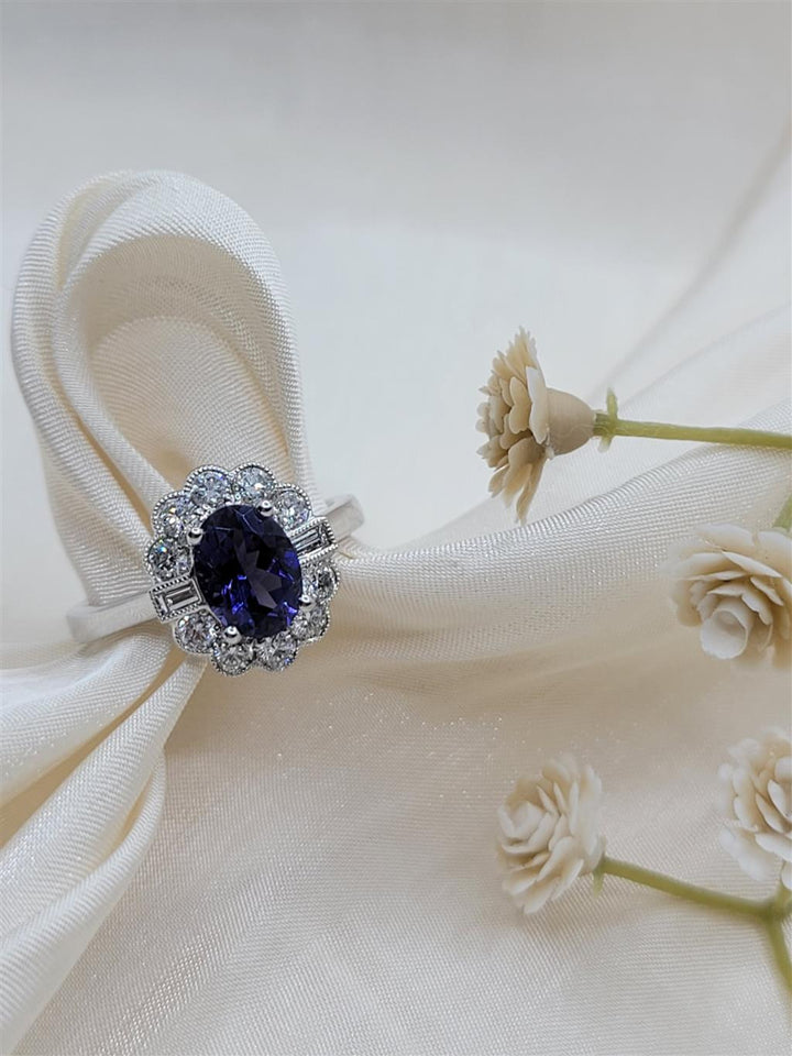 14K White Gold Antique Iolite & Diamonds Gemstone Ring