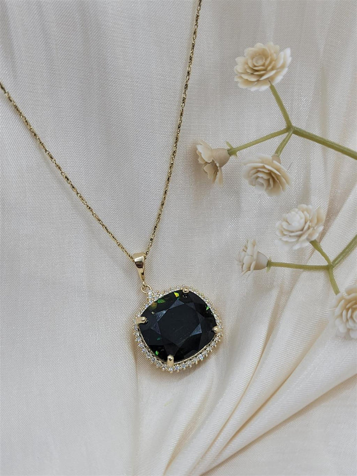 14K Yellow Gold Green Sapphire & Diamond Halo Necklace