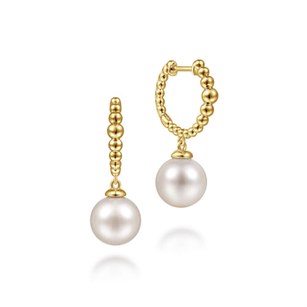 14K Yellow Gold Huggie Hoop Drop Pearl Earrings