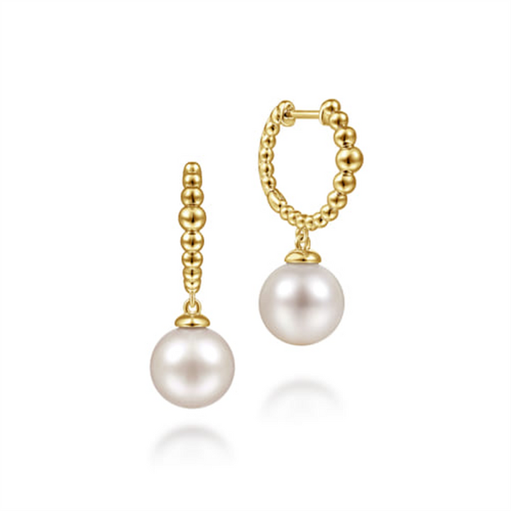 14K Yellow Gold Huggie Hoop Drop Pearl Earrings