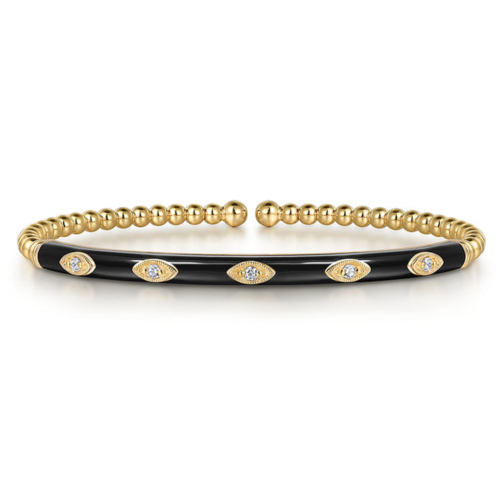 14K Yellow Gold Bujukan Beads And Diamond Split Bangle With Black Enamel