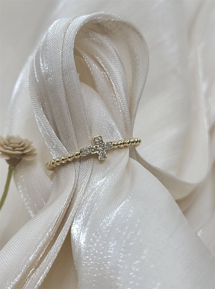 14K Yellow Gold Sideways Cross Diamond Beaded Fashion Ring