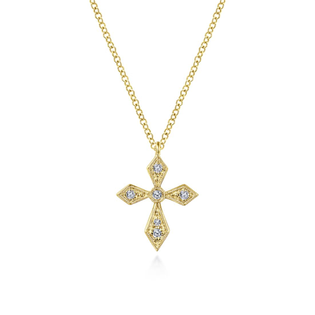 17.5" Vintage Inspired 14K Yellow Gold Pointed Diamond Cross Pendant Necklace