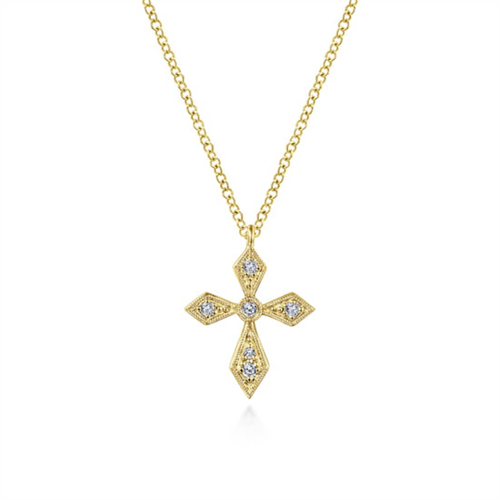 17.5" Vintage Inspired 14K Yellow Gold Pointed Diamond Cross Pendant Necklace