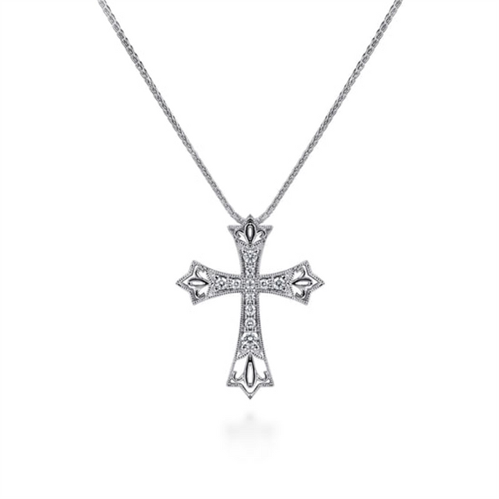 16" 14K White Gold Intricate Openwork Diamond Cross Necklace