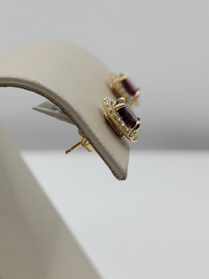 14K Yellow Gold Rhodolite Garnet Diamond Halo Stud Earrings