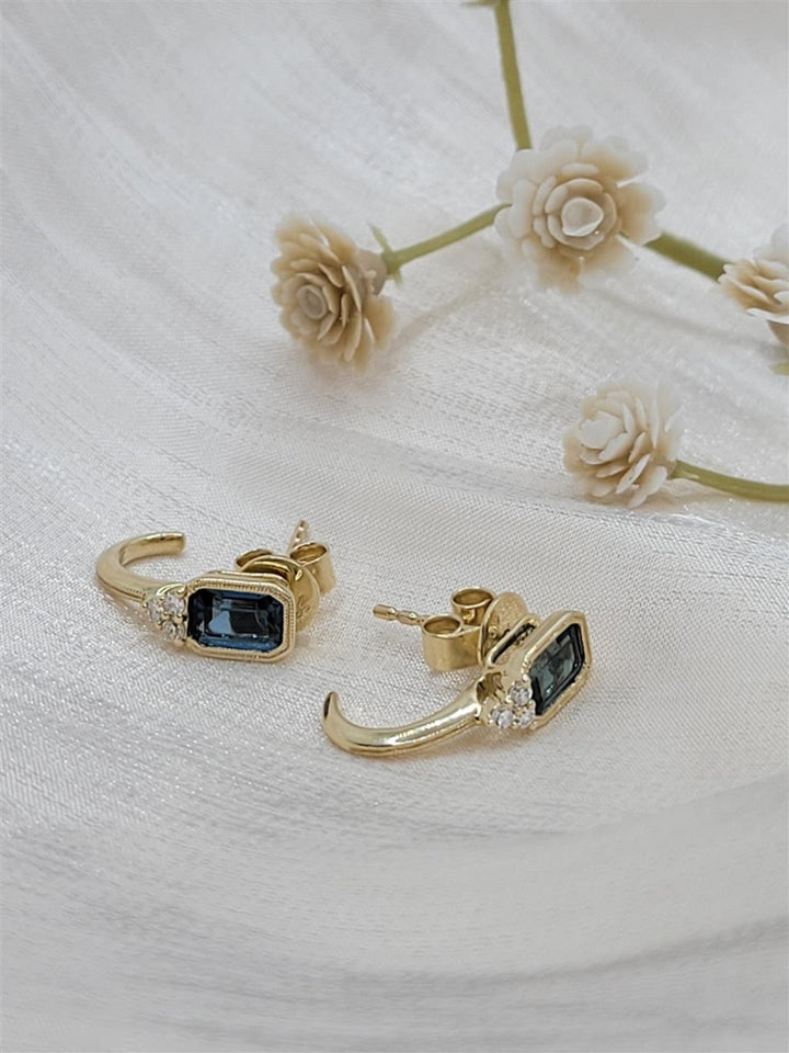 14K Yellow Gold London Blue Topaz And Diamond Huggie Stud Fashion Earrings