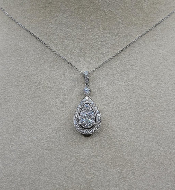 14K White Gold 0.75 ctw Round Cut Diamond Pear Shaped Necklace