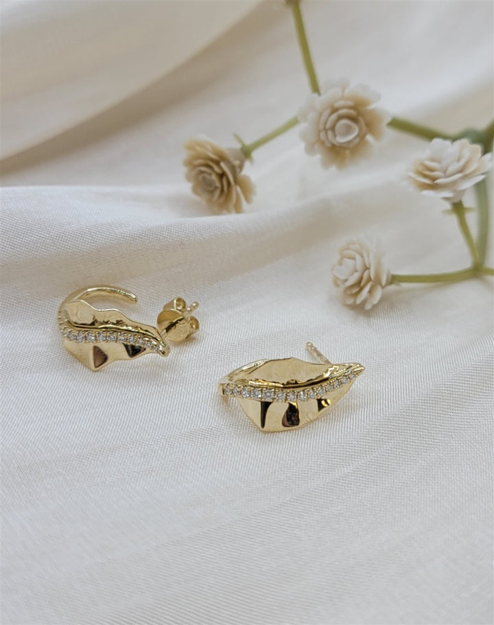 14K Yellow Gold Diamond "Leaf" Stud Earrings