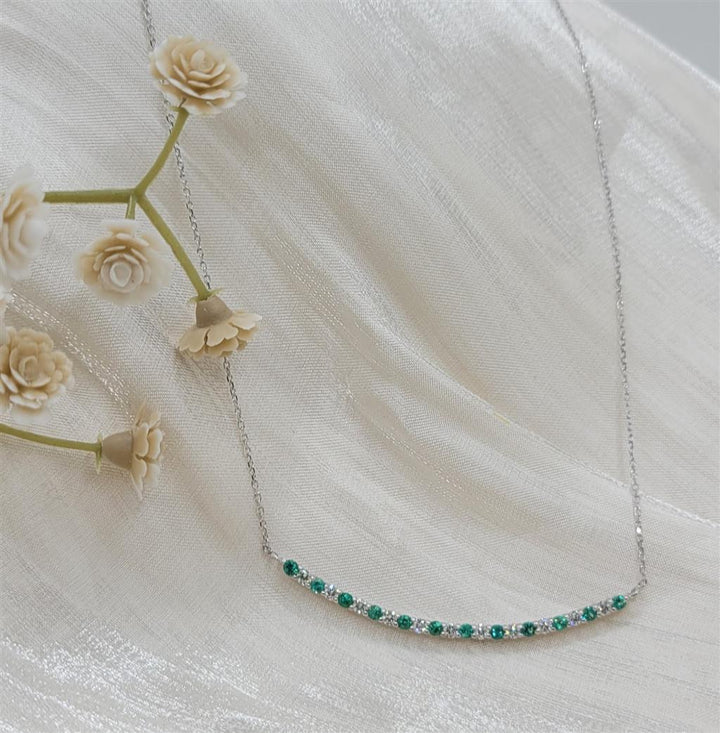 14K White Gold Emerald Gemstone and Diamond Bar Necklace