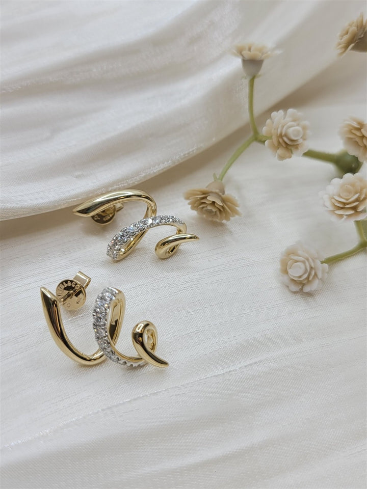 14K Yellow Gold Diamond Swirl Stud Drop Earrings