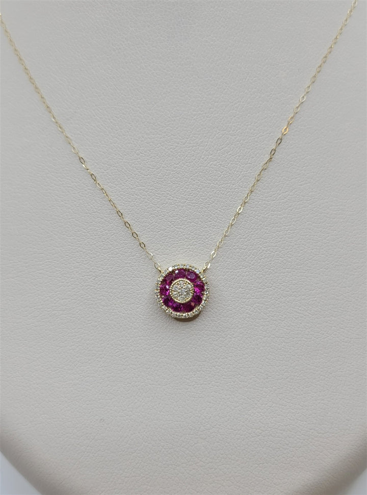 18" 14K Yellow Gold Ruby & Diamond Circle Fashion Necklace
