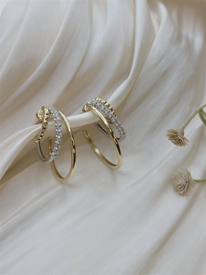 14K White & Yellow Gold Diamond Three Row J Hoop Stud Earrings