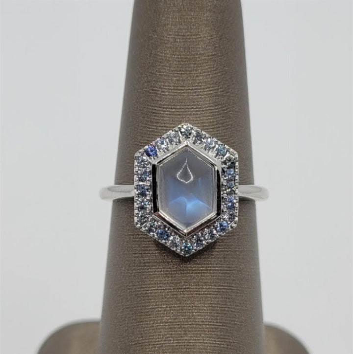 14K White Gold Fashion Moonstone & Sapphires Gemstone Ring