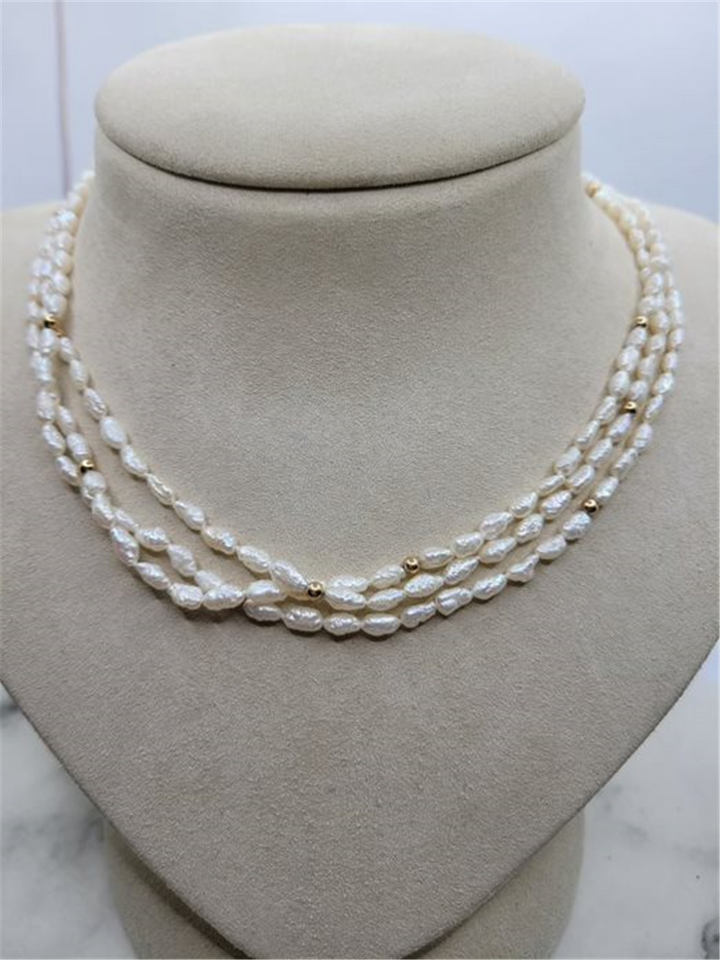 14K Yellow Gold Tripe Strand Pearl Necklace