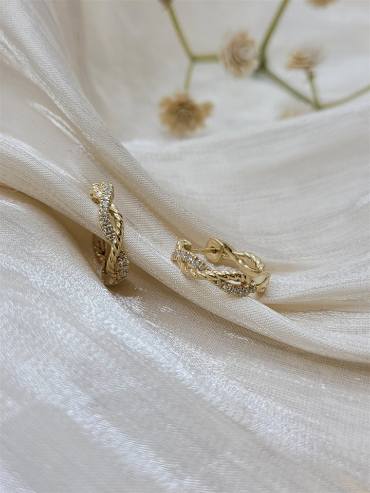 14K Yellow Gold Twisted Diamond Hoop Earrings