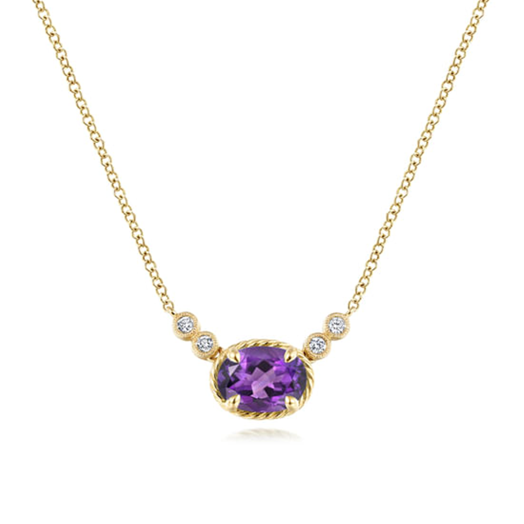 17.5" 14K Yellow Gold Oval Amethyst Pendant Necklace With Diamond Accents
