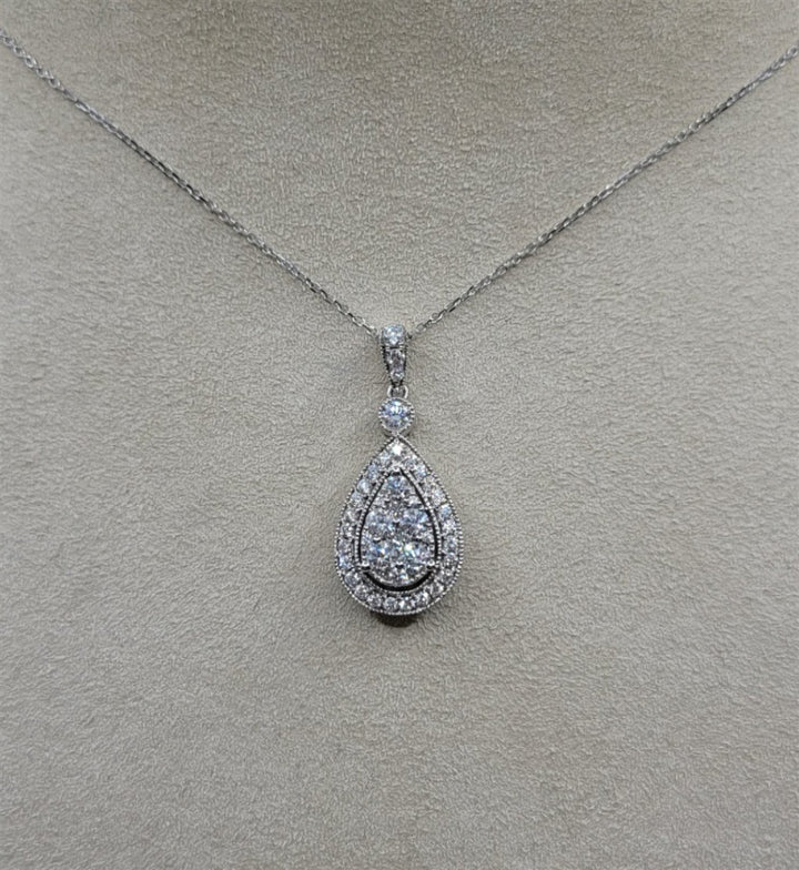 14K White Gold 0.75 ctw Round Cut Diamond Pear Shaped Necklace