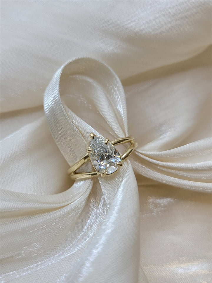 14K Yellow Gold Spilt Shank Pear Cut Lab Grown Engagement Ring