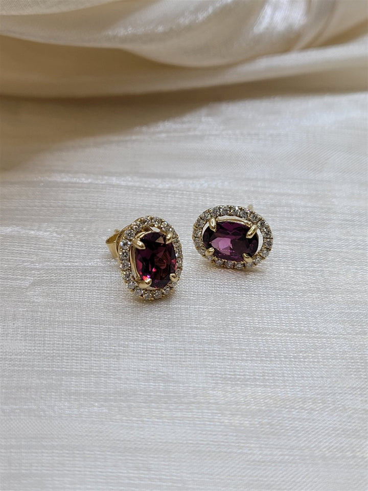 14K Yellow Gold Rhodolite Garnet Diamond Halo Stud Earrings