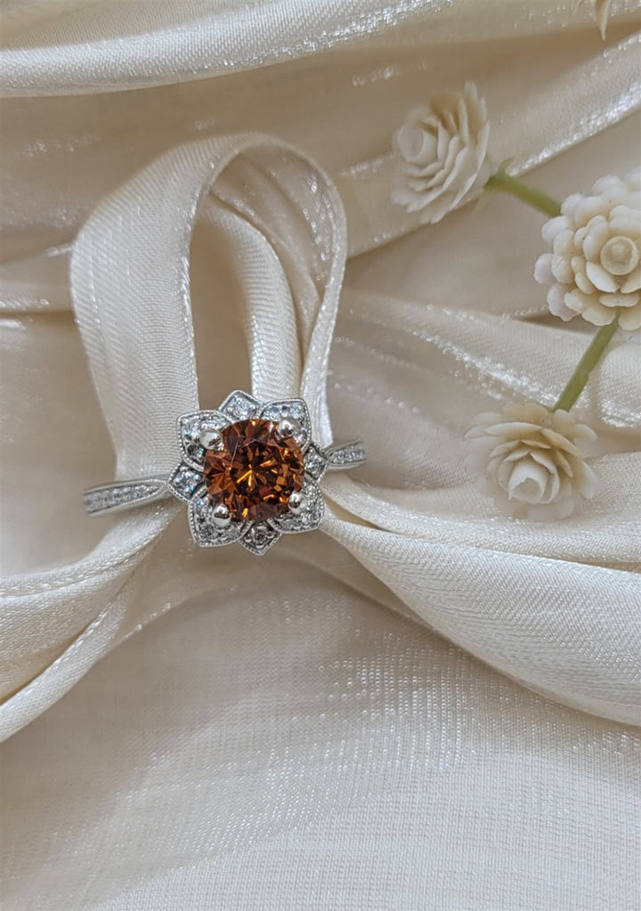 14K White Gold Spessartite Garnet & Diamond Vintage Ring