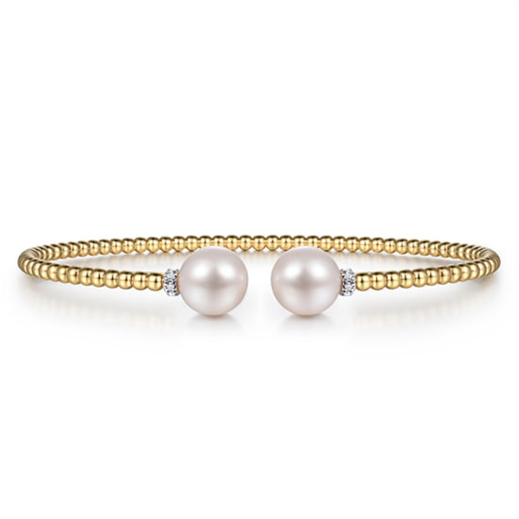 14K Yellow Gold Bujukan Diamond And Pearl Split Bangle