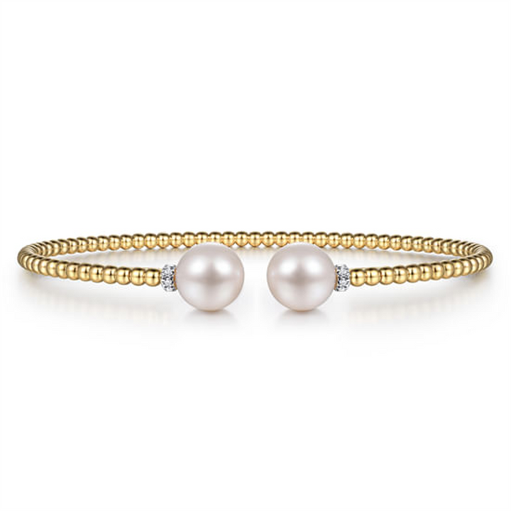 14K Yellow Gold Bujukan Diamond And Pearl Split Bangle