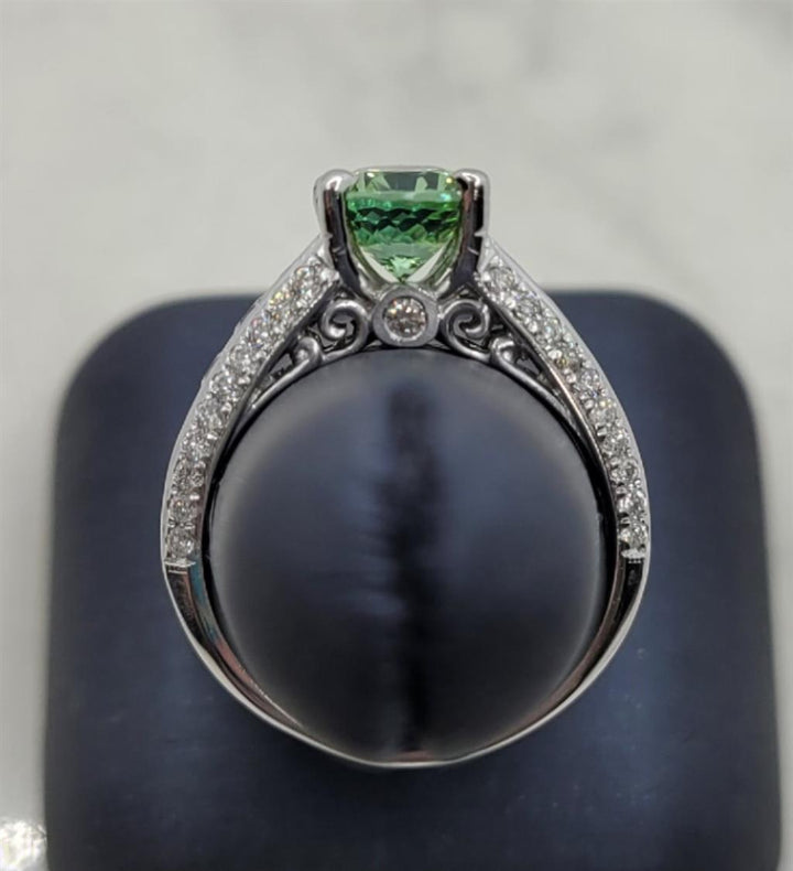14K White Gold Antique Green Tourmaline & Diamonds Gemstone Ring