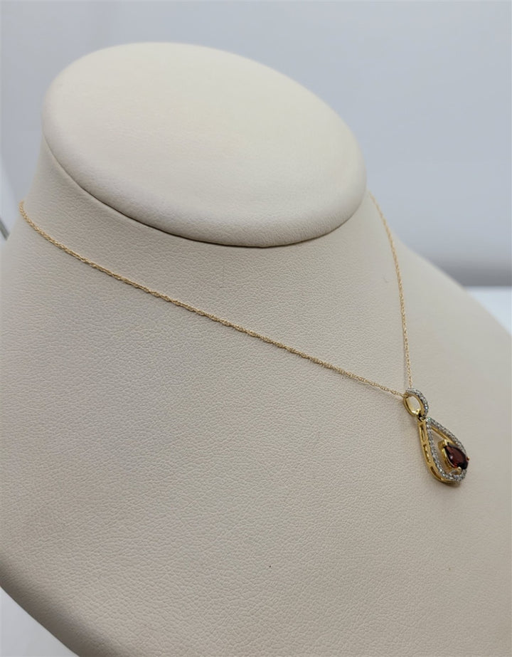 18" 10K Yellow Gold Garnet And Diamond Teardrop Pendant Necklace