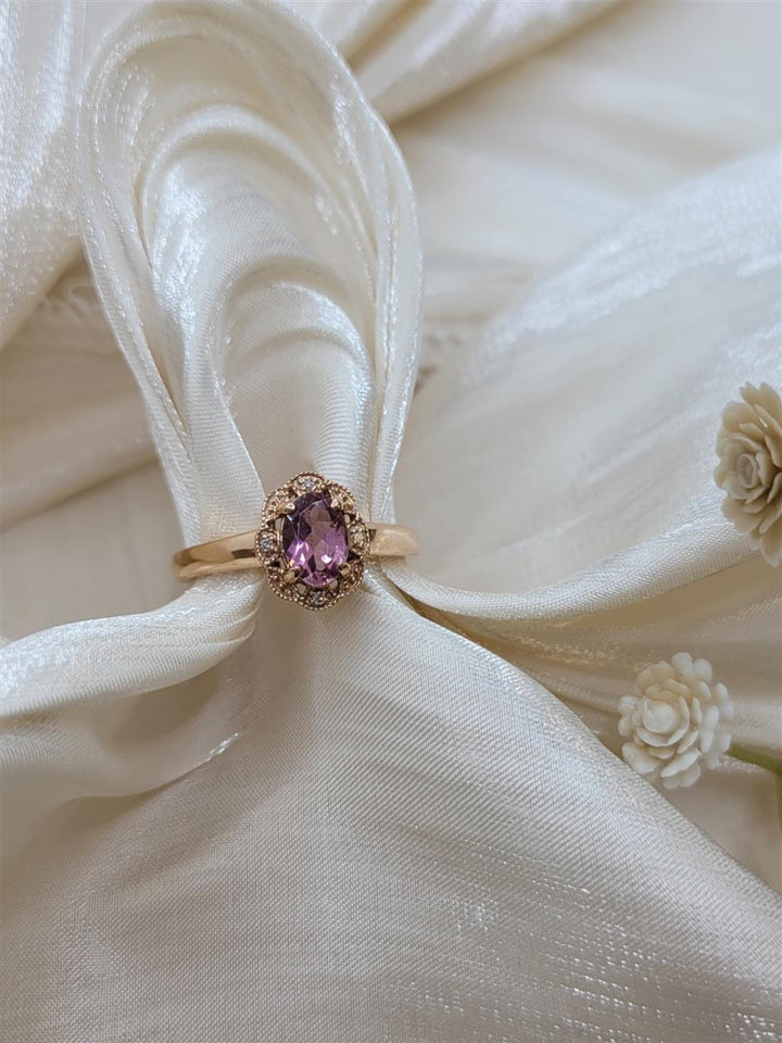 14K Rose Gold Classic Pink Topaz & Diamonds Gemstone Ring