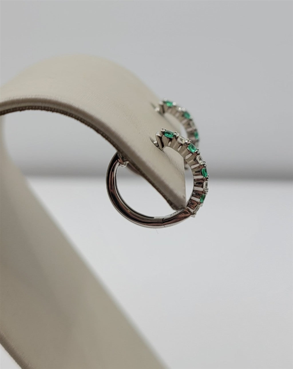 10K White Gold Emerald And Diamond Hoop Earrings
