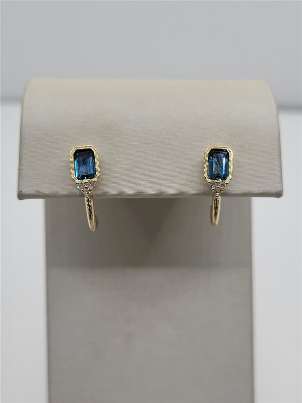 14K Yellow Gold London Blue Topaz And Diamond Huggie Stud Fashion Earrings