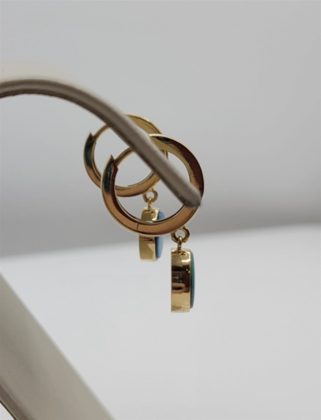 14K Yellow Gold Opal Huggie Hoop Dangle Earrings