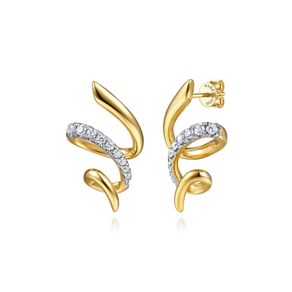14K Yellow Gold Diamond Swirl Stud Drop Earrings