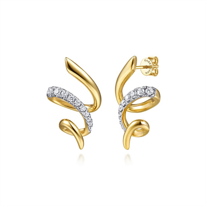 14K Yellow Gold Diamond Swirl Stud Drop Earrings