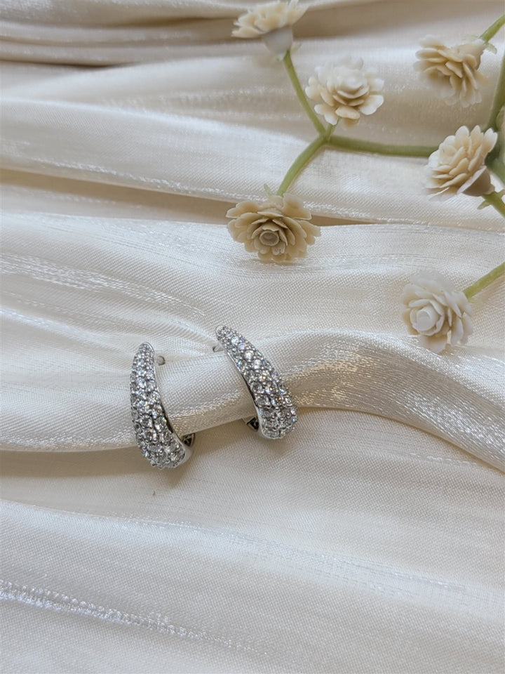 14K White Gold Pave Diamond Huggie Hoop Earrings