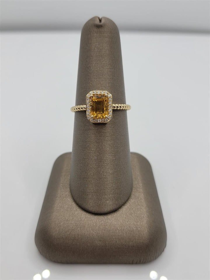 14K Yellow Gold Citrine And Diamond Halo Beaded Fashion Ring