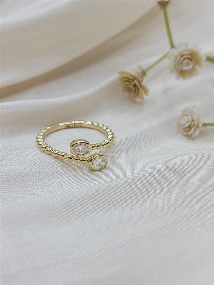 14K Yellow Gold Beaded Oval Diamond Bypass Ring