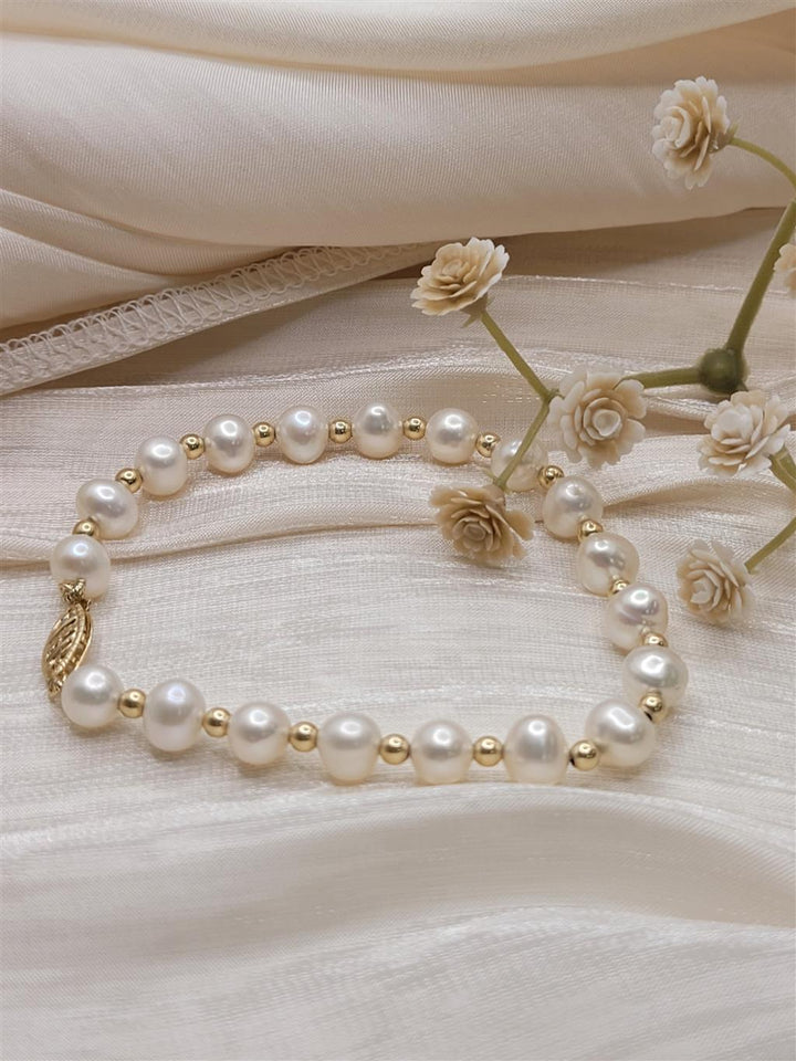 14K Yellow Gold Beaded Pearl Bracelet