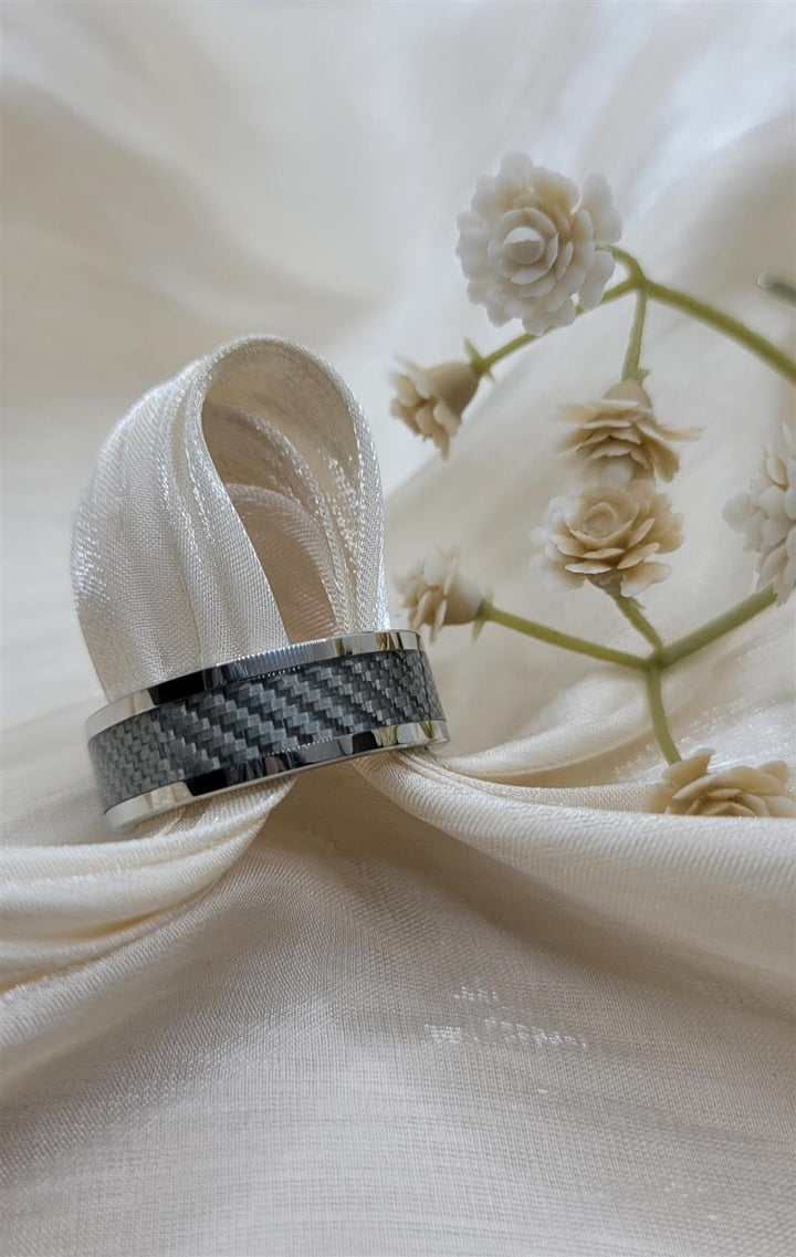 White Tungsten & Carbon Fiber Mens Wedding Band