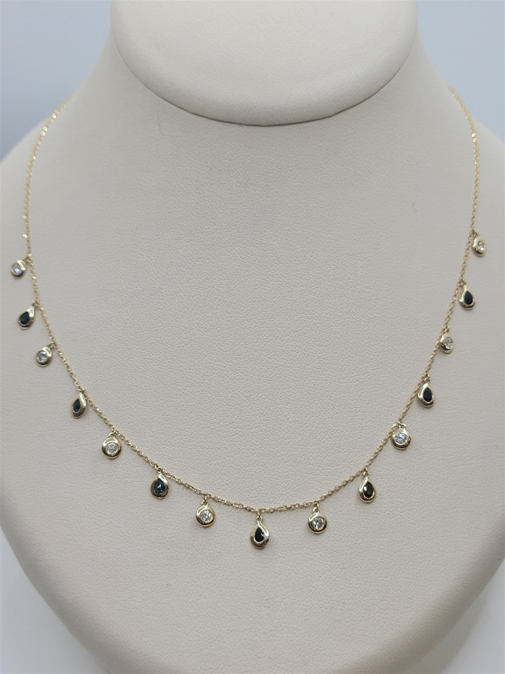 18" 14K Yellow Gold Sapphire And Diamond Dangle Station Necklace