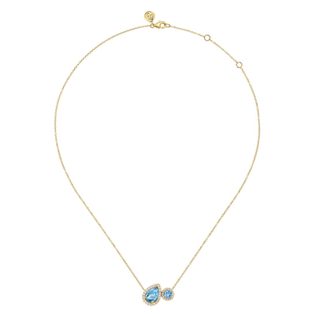 17.5" 14K Yellow Gold Toi Et Moi Blue Topaz And Diamond Halo Necklace