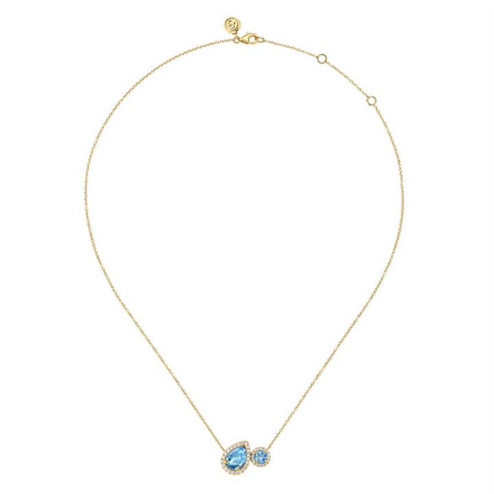 17.5" 14K Yellow Gold Toi Et Moi Blue Topaz And Diamond Halo Necklace
