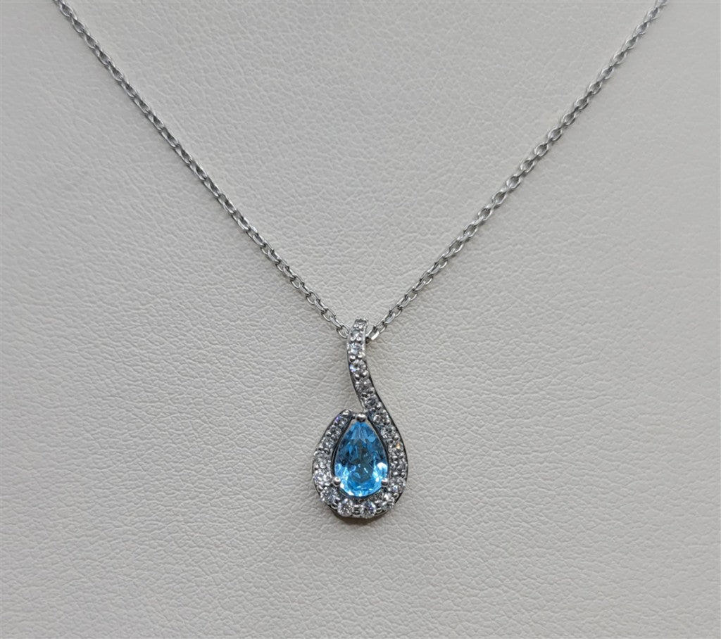 10K White Gold Blue Topaz & Diamond Halo Pendant