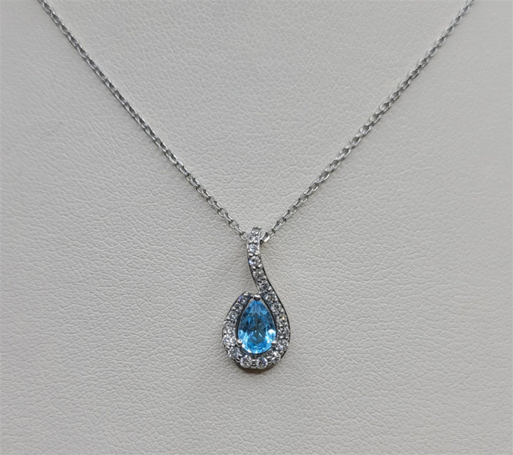 10K White Gold Blue Topaz & Diamond Halo Pendant