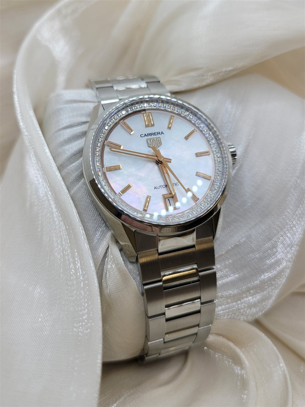 Certified Pre-Owned Stainless Steel Mother Of Pearl & Diamond Carrera Tag Heuer