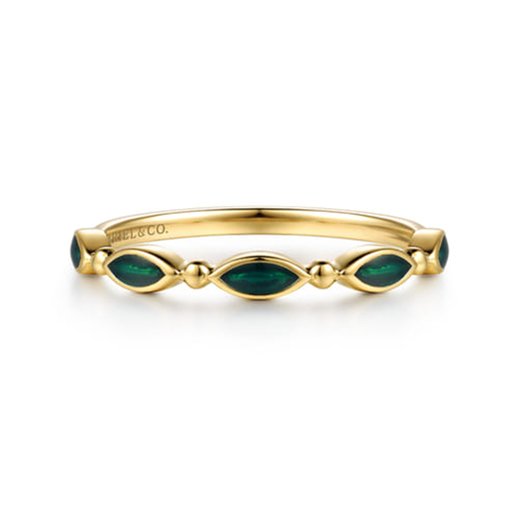 14K Yellow Gold Bujukan Ball And Marquise Shape Stackable Ring With Chrome Green Enamel