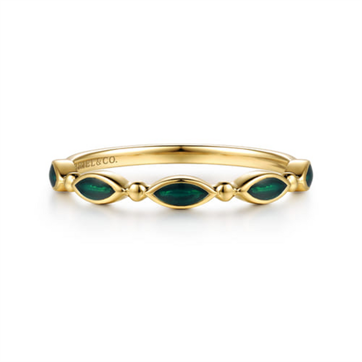 14K Yellow Gold Bujukan Ball And Marquise Shape Stackable Ring With Chrome Green Enamel