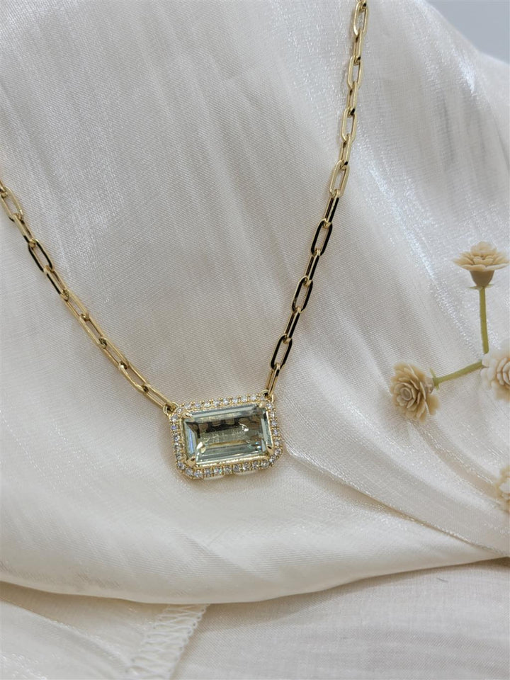 14K Yellow Gold Green Amethyst Gemstone Fashion Necklace